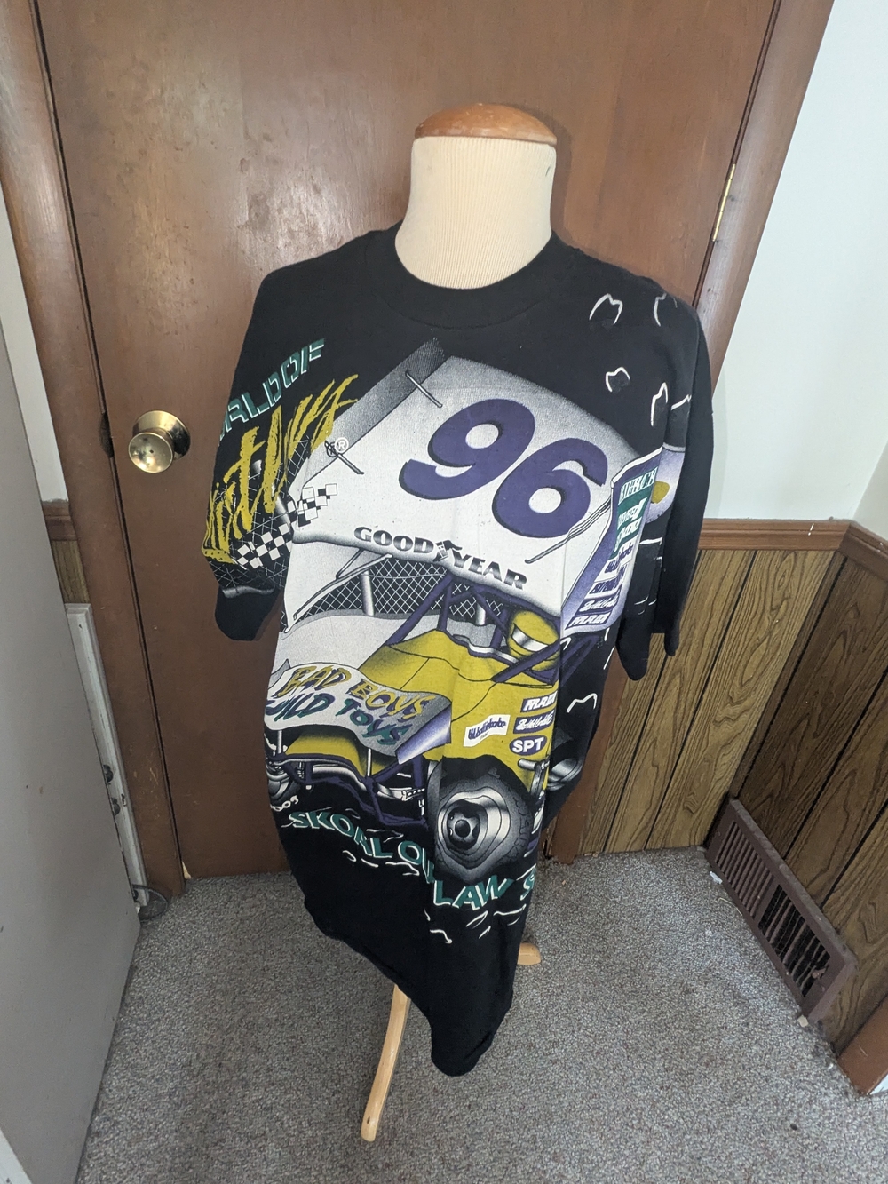 Fruit of the Loom Black Graphic Race Car Tee with Yellow & Purple Accents